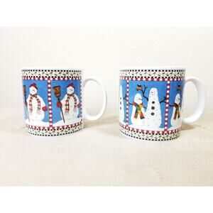 Christmas Sakura Snowman Coffee Mug Teacup 12oz Debbie Mumm 4" Stoneware x2 Vtg